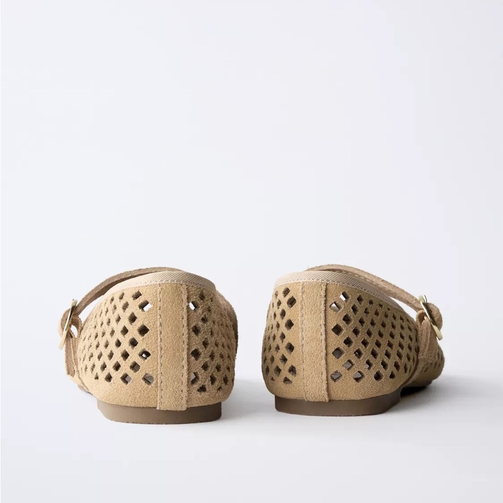 Zara Kids Beige Openwork Leather Ballet Flats - Picture 7 of 9